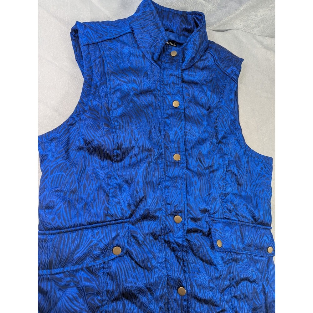 Peck & Peck Women's XL Royal Blue Peacock Feather Quilted Vest Zip Snap
